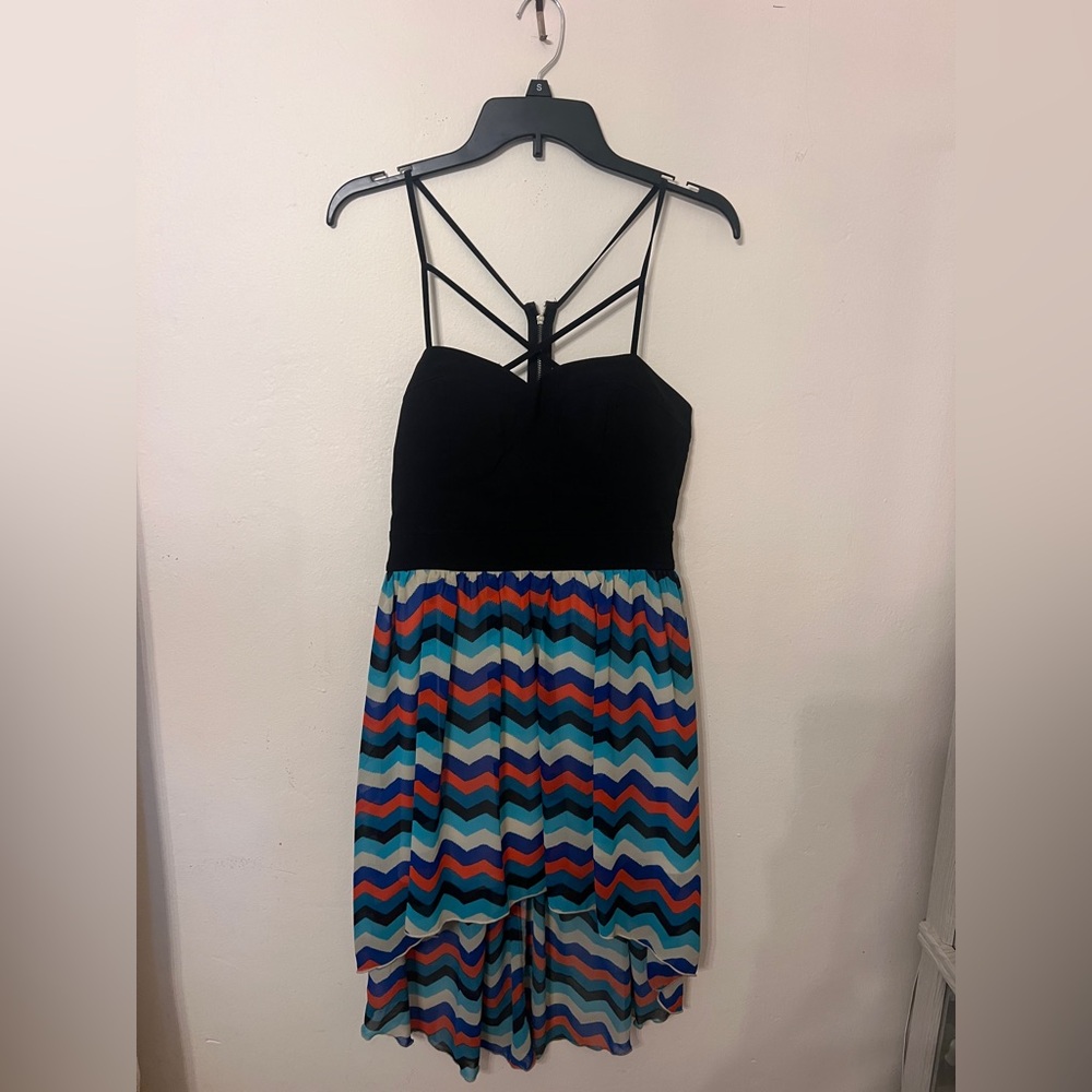 Black Strappy Bodice High-Low Chevron Skirt Dress